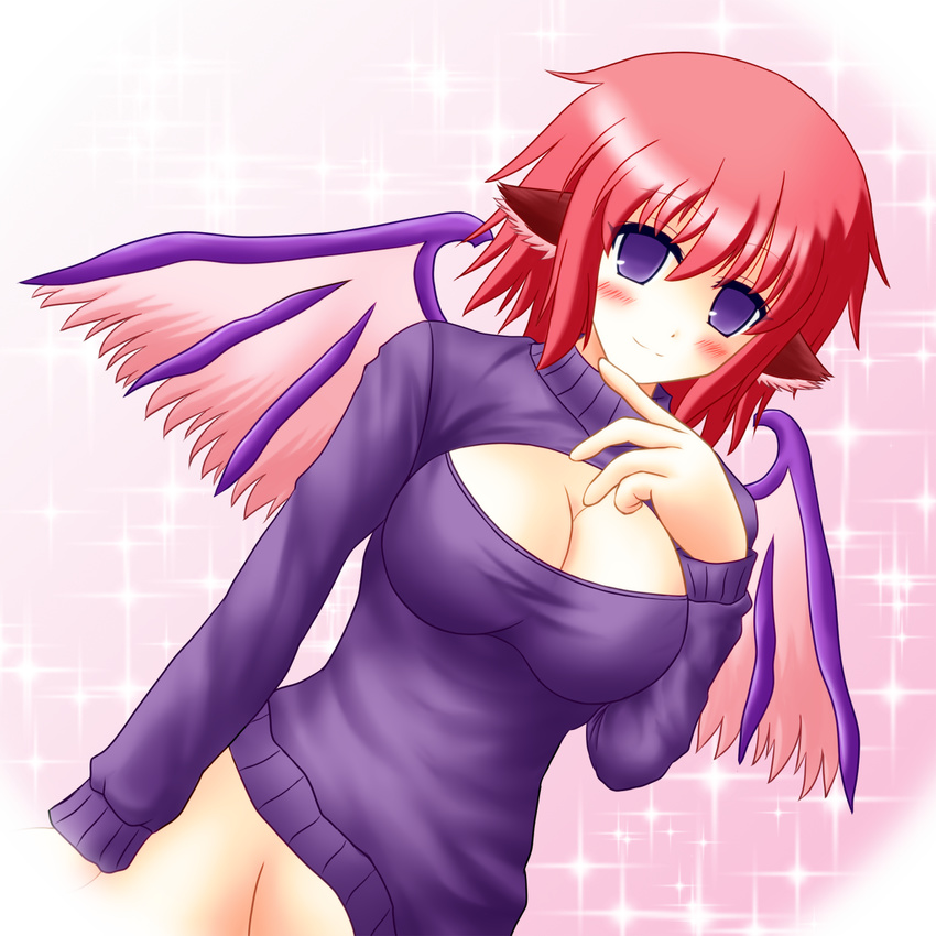 bird_ear bird_wings blush bottomless breasts cleavage highres meme_attire mystia_lorelei open-chest_sweater pink_hair purple_eyes ribbed_sweater solo sweater touhou wings yani_tama