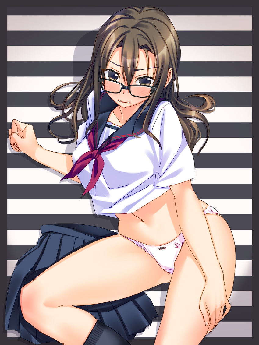 blush brown_eyes brown_hair glasses highres long_hair looking_at_viewer no_pants original panties pleated_skirt school_uniform serafuku skirt skirt_removed solo underwear white_panties yuuki_keisuke