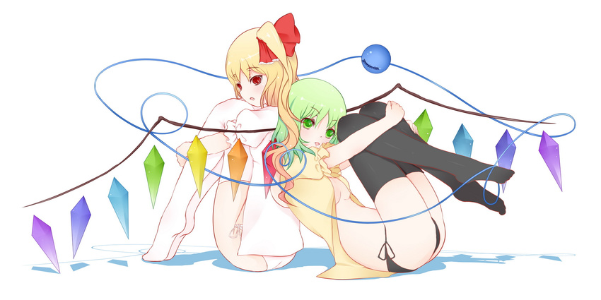 back-to-back bad_id bad_pixiv_id black_legwear black_panties blonde_hair dclockwork eyeball flandre_scarlet green_eyes green_hair hair_ribbon highres komeiji_koishi leg_hug multiple_girls no_pants open_clothes open_mouth open_shirt panties puffy_short_sleeves puffy_sleeves red_eyes ribbon shirt short_sleeves side-tie_panties side_ponytail sitting thighhighs third_eye touhou trait_connection underwear white_legwear white_panties wings