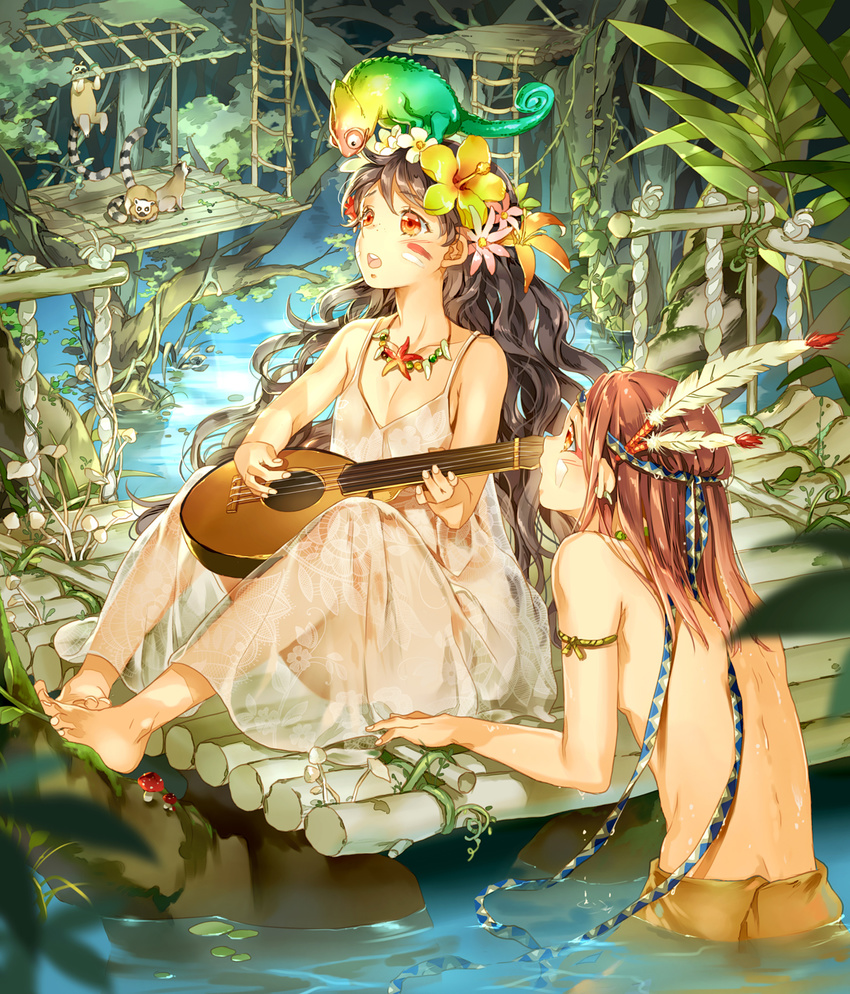 1girl animal animal_on_head back bare_shoulders barefoot breasts brown_hair chameleon dress facepaint feathers flower freckles hair_flower hair_ornament hairband highres hoshii_hisa iguana_(animal) instrument jewelry ladder lemur long_hair looking_away music nature necklace on_head open_mouth orange_eyes original outdoors partially_submerged plant playing_instrument see-through shirtless short_hair sitting sleeveless small_breasts spaghetti_strap tree tribal very_long_hair vines wading water wavy_hair wet