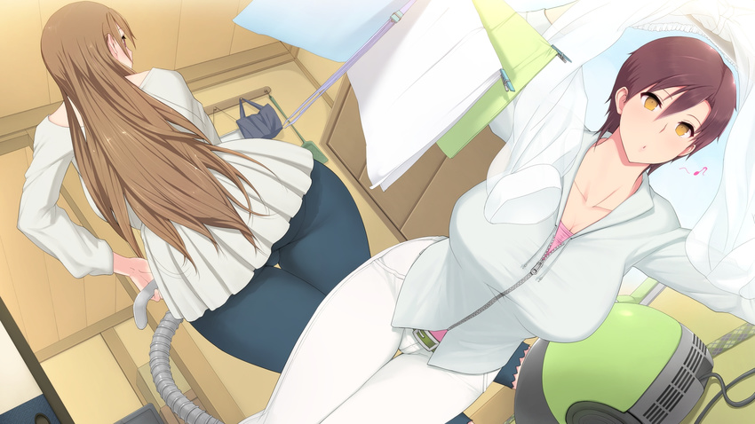 2girls arms_up ass belt blush breasts brown_hair cleaning collarbone highres hitozuma_k&amp;y huge_breasts legs long_hair looking_away multiple_girls pink_doragon short_hair standing thighs vacuum_cleaner window yellow_eyes zipper