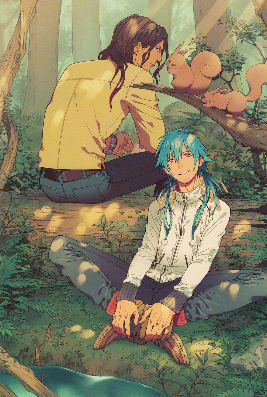 absurdres alternate_costume alternate_hairstyle blue_hair brown_hair crossed_legs dramatical_murder feathers forest hair_feathers highres honya_lala log mink_(dramatical_murder) multiple_boys nature official_art scan seragaki_aoba sitting smile squirrel tree