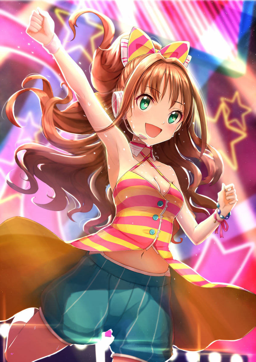 aqua_eyes arm_up armpits bad_id bad_pixiv_id bow bracelet breasts brown_hair cleavage hair_bow headset high_ponytail highres hino_akane_(idolmaster) idolmaster idolmaster_cinderella_girls jewelry kachayori medium_breasts microphone navel open_mouth shirt shorts smile solo striped striped_shirt sweat