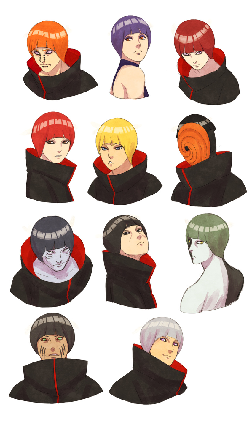 1girl 6+boys akatsuki_(naruto) alternate_hairstyle black_hair blue_hair bowl_cut deidara green_hair grey_hair hidan high_collar highres hoshigaki_kisame kakuzu konan mask multiple_boys nagato_(naruto) naruto naruto_shippuuden orange_hair pain_(naruto) pain_(tendo) piercing red_hair rinnegan sasori steampunkskulls tobi uchiha_itachi uchiha_obito zetsu