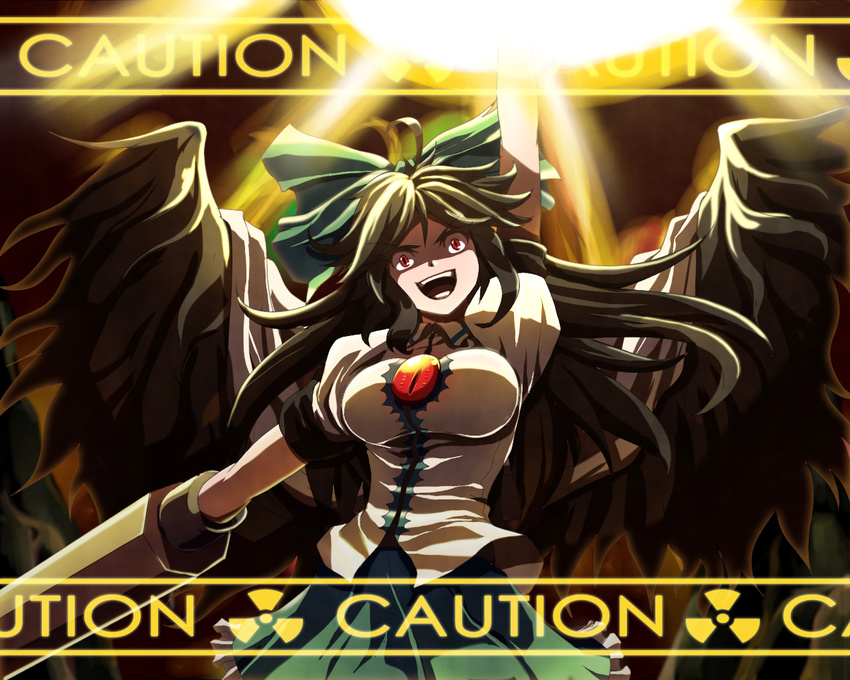 :d ahoge arm_cannon arm_up black_hair black_wings bow breasts caution constricted_pupils energy_ball feathered_wings frilled_skirt frills green_skirt hair_bow large_breasts long_hair open_mouth puffy_short_sleeves puffy_sleeves radiation_symbol red_eyes reiuji_utsuho rence_(mjyoon1452) shaded_face shirt short_sleeves skirt smile solo spread_wings sunburst taut_clothes taut_shirt third_eye touhou upper_body weapon white_shirt wings