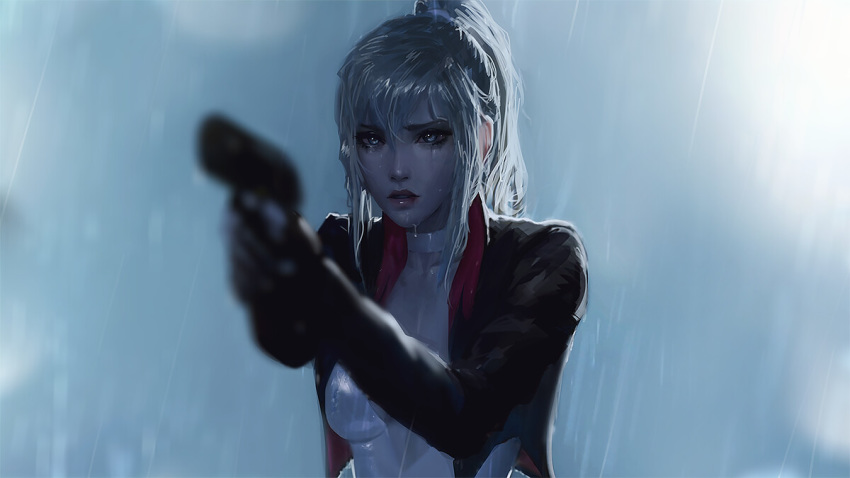 1girl black_gloves blonde_hair blue_eyes blurry blurry_background blurry_foreground breasts choker cleavage cropped_jacket gloves grey_background gun hair_between_eyes handgun holding holding_gun holding_weapon jacket leotard lips long_hair looking_at_viewer medium_breasts open_clothes open_jacket original outdoors pale_skin parted_lips ponytail raikoart rain solo strapless strapless_leotard tess_turner upper_body weapon wet wet_clothes wet_hair