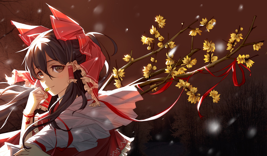 bow bracelet brown_eyes brown_hair flower forest hair_bow hair_tubes hakurei_reimu highres igneous25 jewelry nature ribbon smelling_flower solo touhou twig upper_body