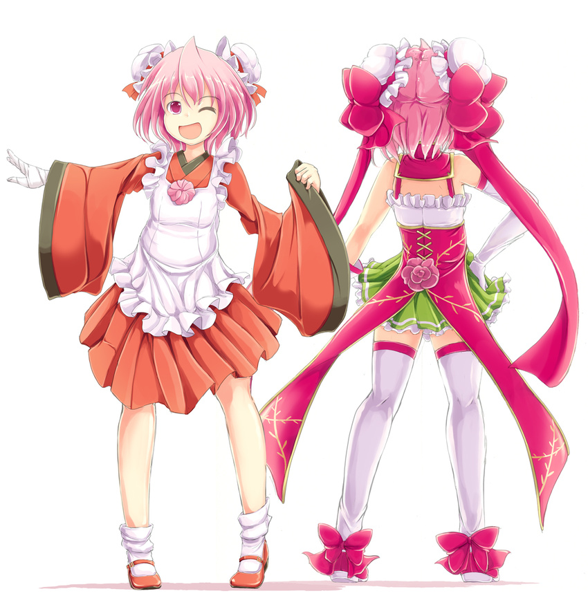 alternate_costume apron back bandages bare_shoulders bow death_angel_komachi double_bun elbow_gloves flower gloves hair_bow highres ibaraki_kasen ichirino_minagi japanese_clothes kimono long_sleeves magical_girl maid_apron one_eye_closed open_mouth pink_eyes pink_flower pink_hair pink_rose rose shirt skirt smile solo thighhighs touhou white_gloves white_legwear wide_sleeves zettai_ryouiki