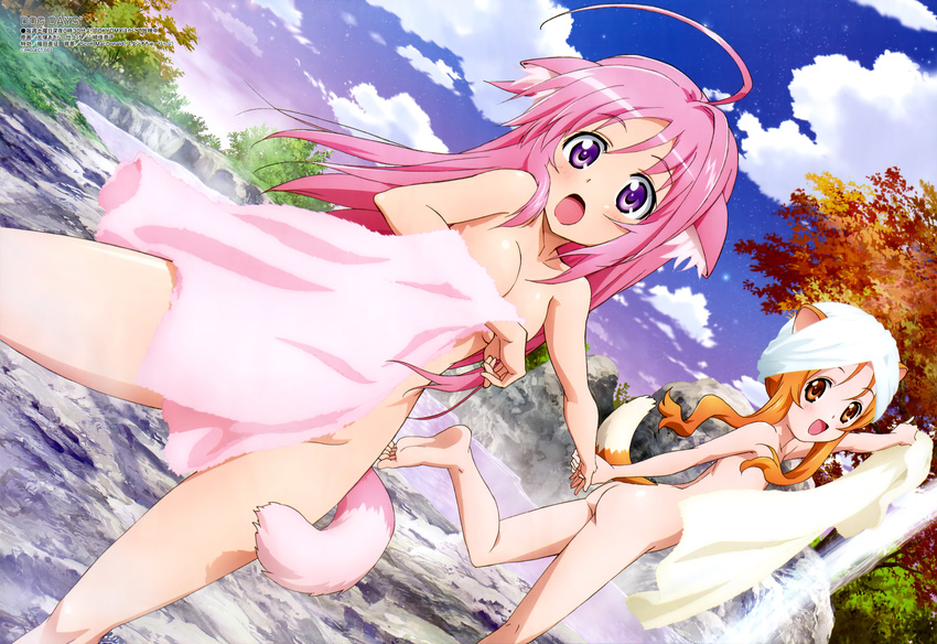 :d :o absurdres ahoge animal_ears arm_up ass autumn back bangs barefoot blush breasts cloud convenient_censoring covering day dog_days dog_ears dog_girl dog_tail dutch_angle feet flat_chest highres holding holding_hands kneepits leg_lift long_hair looking_at_viewer megami millhiore_f_biscotti multiple_girls nude nude_cover official_art onsen ootsuka_akira open_mouth orange_eyes orange_hair outdoors outstretched_arm parted_bangs pink_hair purple_eyes ricotta_elmar rock running scan short_hair_with_long_locks sidelocks sky small_breasts smile soles spread_legs standing steam surprised tail towel towel_on_head tree water