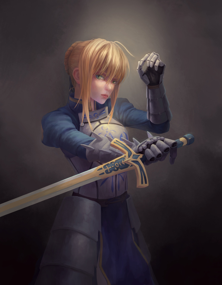 absurdres ahoge armor armored_dress artoria_pendragon_(all) blonde_hair caliburn fate/stay_night fate_(series) gauntlets green_eyes highres reverse_grip saber solo sword w.t weapon