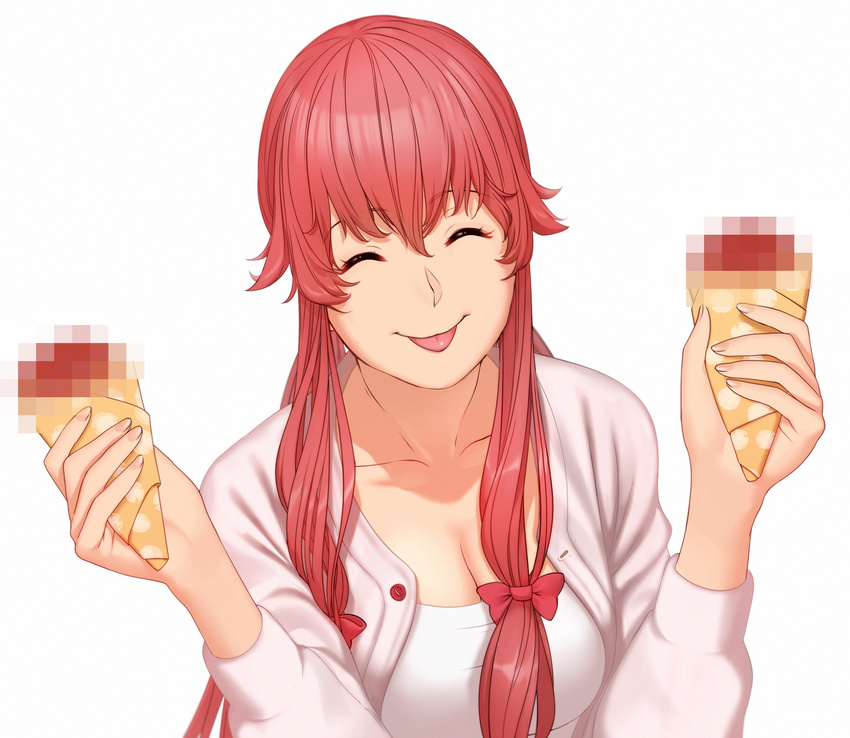 :p aconitea bad_id bad_pixiv_id breasts censored censored_food cleavage closed_eyes crepe food gasai_yuno highres medium_breasts mirai_nikki mosaic_censoring pink_hair solo tongue tongue_out