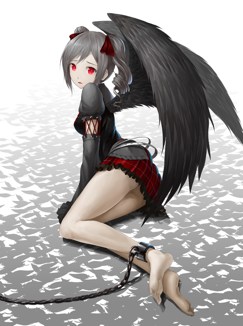 bad_id bad_pixiv_id barefoot black_wings chain drill_hair feathered_wings highres idolmaster idolmaster_cinderella_girls kanzaki_ranko long_hair long_legs open_mouth red_eyes silver_hair solo solru twin_drills twintails wings