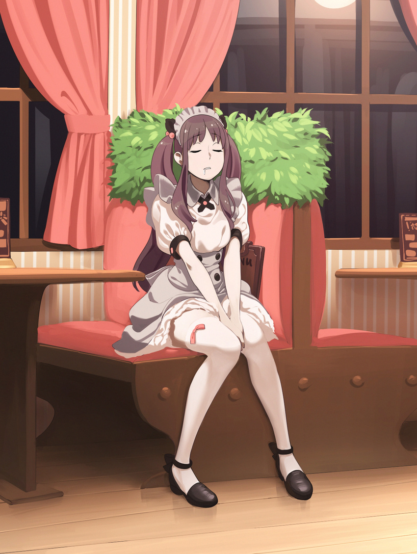 aconitea bad_id bad_pixiv_id bangs black_footwear booth bow_legwear brown_hair closed_eyes curtains drooling full_body grey_skirt hands_on_lap high-waist_skirt high_heels highres indoors knees_together_feet_apart long_hair maid_headdress menu neck_ribbon okamoto_miyu puffy_short_sleeves puffy_sleeves restaurant ribbon shoes short_sleeves sidelocks sitting sitting_sideways skirt sleeping sleeping_upright solo strappy_heels table thighhighs twintails v_arms waitress wake_up_girls! white_legwear window wing_collar zettai_ryouiki