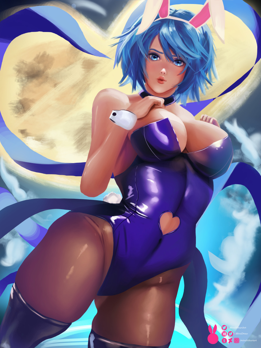 absurdres animal_ears aqua_(kingdom_hearts) bare_shoulders black_legwear blue_eyes blue_hair blush boots breasts bunny_ears bunny_girl bunny_tail bunnysuit choker cleavage dutch_angle fake_animal_ears gluteal_fold hands_on_own_chest heart_cutout highres huge_filesize kingdom_hearts kingdom_hearts_iii large_breasts leotard lips looking_at_viewer miraihikariart pantyhose purple_footwear purple_leotard short_hair strapless strapless_leotard tail thigh_boots thighhighs twitter_username watermark wrist_cuffs
