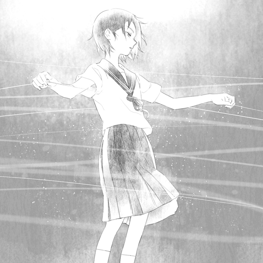 armpit_peek bare_arms flat_chest greyscale half-closed_eyes highres holding koe_no_katachi legs_apart light_particles monochrome namito nishimiya_yuzuru outstretched_arms parted_lips pleated_skirt profile ribbon school_uniform serafuku short_hair short_sleeves skirt socks solo spread_arms standing string