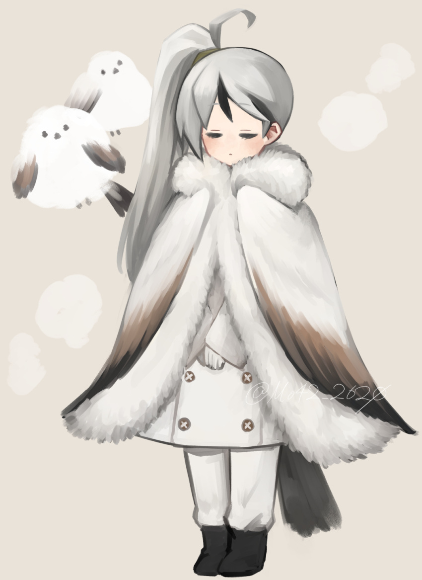 1boy ahoge bird black_footwear boots cape closed_eyes closed_mouth coat full_body fur-trimmed_cape fur_trim gloves highres library_of_ruina long_hair long_sleeves moribe_denkou multicolored_hair pants project_moon side_ponytail solo streaked_hair very_long_hair white_cape white_coat white_gloves white_hair white_pants yan_vismok