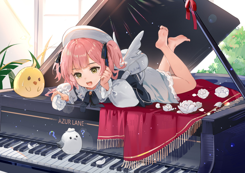 1girl artistic_error azur_lane backpack bag barefoot commentary dress feet_up grand_piano green_eyes highres instrument long_sleeves lying manjuu_(azur_lane) on_stomach open_mouth piano pink_hair pompeo_magno_(azur_lane) puffy_long_sleeves puffy_sleeves rero_(bigdoorbig2) short_hair soles solo teeth toes twintails upper_teeth_only white_bag white_dress white_headwear