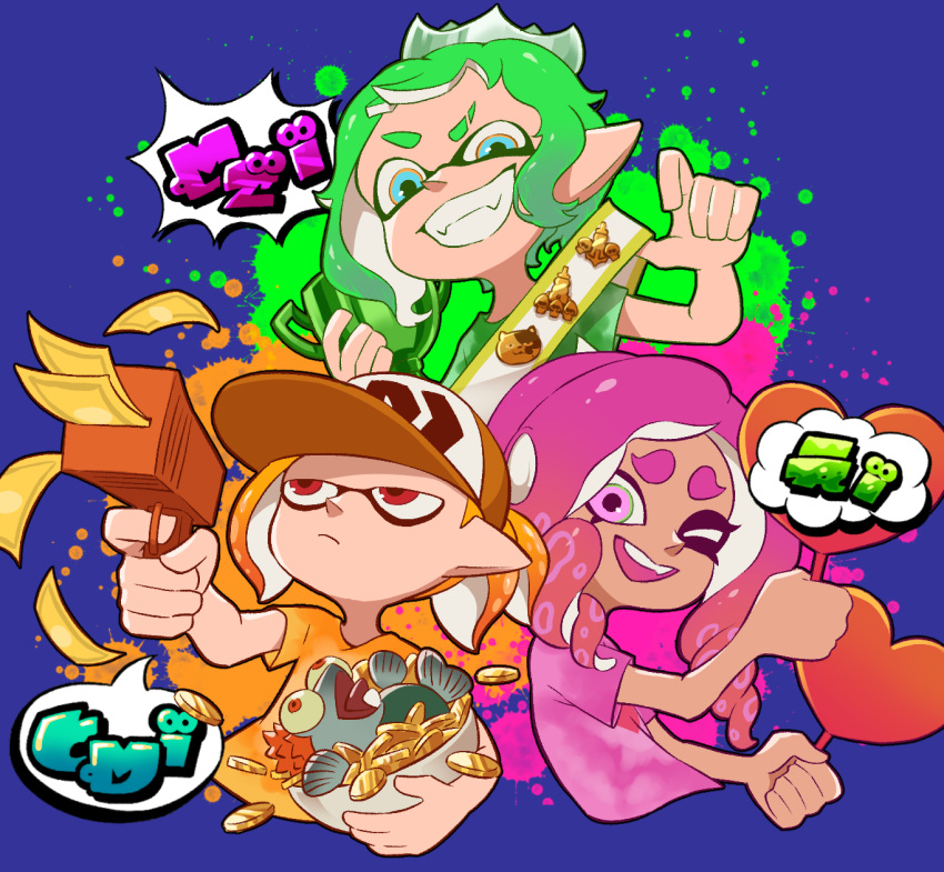 1boy 2girls ;d asymmetrical_hair badge baseball_cap blue_background blue_eyes closed_mouth coin crown drill_hair eyebrow_cut frown green_eyes green_hair grin hat heart highres holding inkling inkling_(language) inkling_boy inkling_girl long_hair multicolored_eyes multiple_girls octoling octoling_girl one_eye_closed open_mouth orange_eyes orange_hair orange_shirt paint_splatter pink_eyes pink_hair pink_shirt pointy_ears red_eyes salmonid shirt short_hair short_sleeves simple_background smallfry_(splatoon) smile splatoon_(series) splattershot_jr_(splatoon) super_soaker t-shirt tentacle_hair teo_(teorekka) trophy