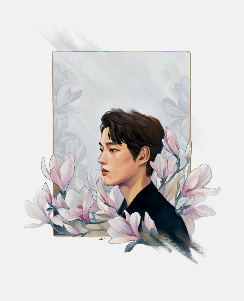 1boy armouries beyond_evil black_eyes black_hair closed_mouth cropped_torso floral_background flower grey_background han_joowon_(beyond_evil) highres magnolia male_focus profile short_hair solo wavy_hair white_flower