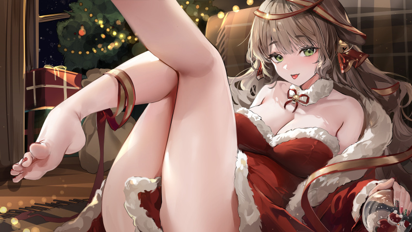 1girl :p absurdres bare_shoulders breasts brown_hair christmas cleavage commentary dress green_eyes highres indoors kneepits lillly long_hair medium_breasts original presenting_foot red_dress red_ribbon ribbon sidelocks soles solo strapless strapless_dress symbol-only_commentary thighs toes tongue tongue_out