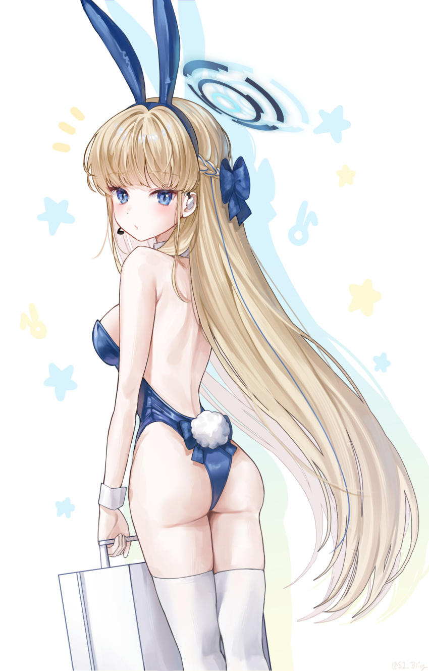 1girl animal_ears ass bling_(epvc5242) blonde_hair blue_archive blue_eyes blue_hair blue_halo blue_leotard braid breasts detached_collar fake_animal_ears fake_tail feet_out_of_frame halo highres holding leotard long_hair looking_at_viewer medium_breasts multicolored_hair official_alternate_costume rabbit_ears rabbit_tail simple_background solo star_(symbol) strapless strapless_leotard streaked_hair tail thighhighs toki_(blue_archive) toki_(bunny)_(blue_archive) twitter_username white_background white_thighhighs
