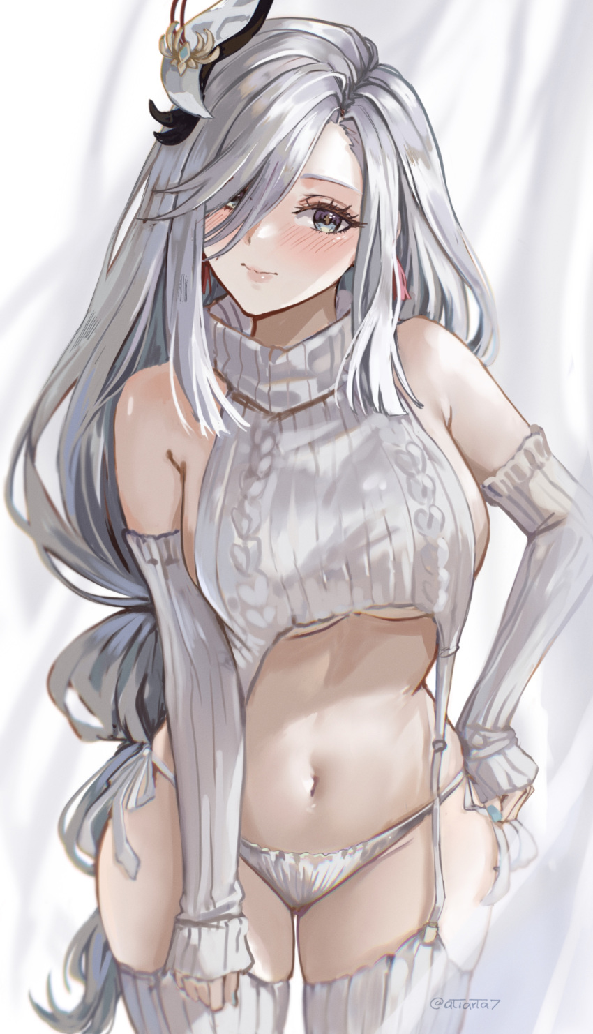 1girl atiarta7 bare_shoulders blue_eyes blush breasts detached_sleeves genshin_impact grey_hair hair_ornament hair_over_one_eye highres large_breasts long_hair long_sleeves looking_at_viewer meme_attire navel shenhe_(genshin_impact) sleeves_past_wrists solo stomach thighhighs very_long_hair virgin_killer_sweater white_background white_hair white_thighhighs