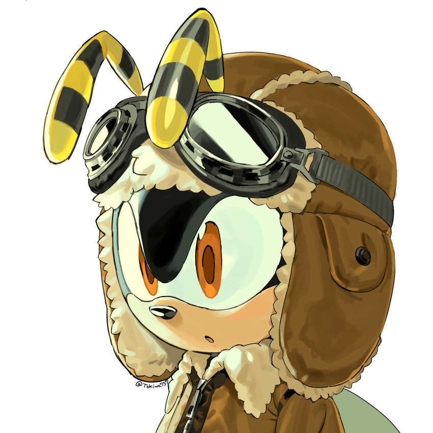 1boy absurdres aviator_cap charmy_bee furry furry_male hat highres male_focus orange_eyes portrait simple_background solo sonic_(series) tokiwa757 twitter_username white_background