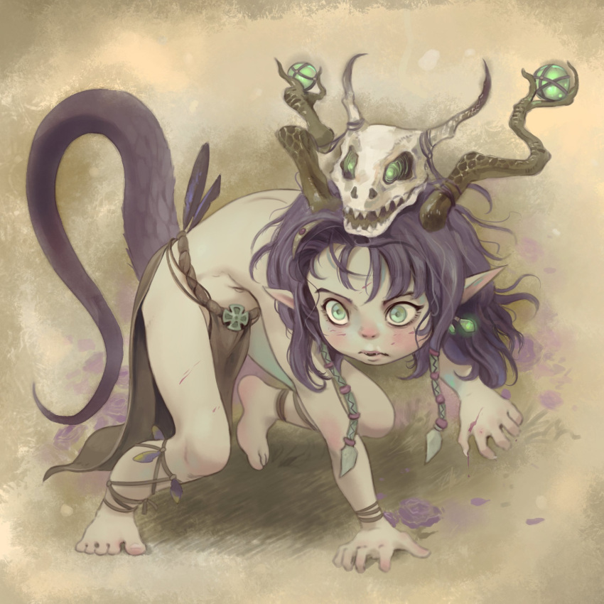1boy all_fours barefoot child claws commentary english_commentary fangs green_eyes highres kemonomimi_mode loincloth male_focus medium_hair moonshen_timojim orb original pointy_ears purple_eyes skull solo tail toes topless_male tribal