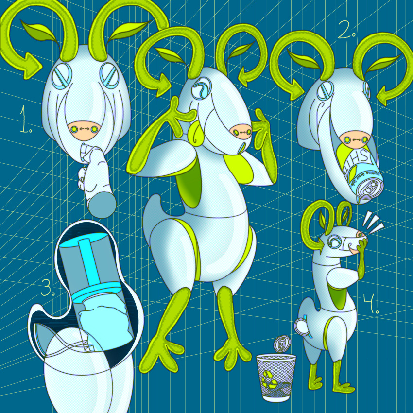 2023 absurd_res ambiguous_gender anatomy anthro beverage beverage_can blue_background blue_body bovid can caprine container crush crushed_can crushed_object crushing_can crushing_object demonstration digital_media_(artwork) disembodied_hand door embarrassed goat green_arms green_horn green_legs group hi_res horn i_can't_believe_it's_not_feces internal laugh machine mammal markhor_(artist) model_sheet number numbered_sequence pose pushbutton recycle recycle_bin recycling recycling_bin recycling_symbol robot screw screw_eyes screws simple_background soda tin_can tongue tongue_out