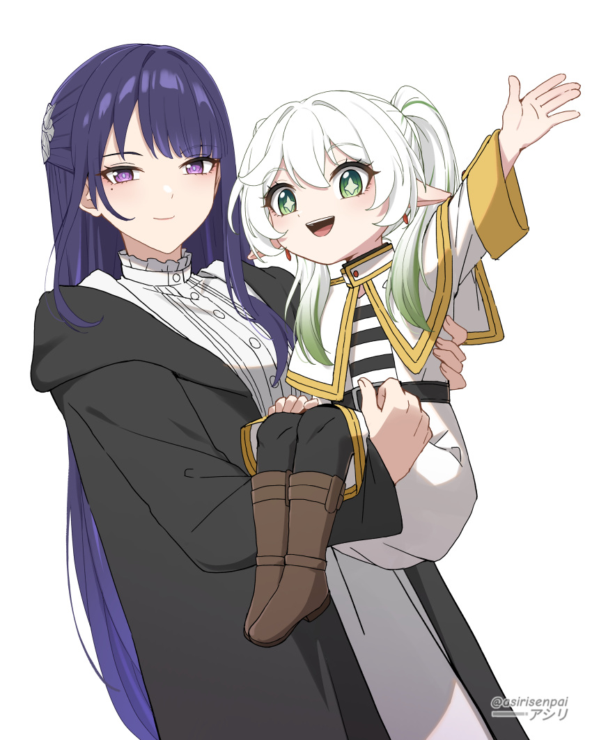 2girls :d absurdres asiri_senpai belt black_belt black_robe boots brown_footwear capelet carrying commentary cosplay dress fern_(sousou_no_frieren) fern_(sousou_no_frieren)_(cosplay) frieren frieren_(cosplay) genshin_impact gradient_hair green_hair highres long_hair long_sleeves looking_at_viewer multicolored_hair multiple_girls nahida_(genshin_impact) open_clothes open_mouth open_robe pointy_ears princess_carry purple_eyes purple_hair raiden_shogun robe shirt smile sousou_no_frieren twintails very_long_hair white_background white_dress white_hair white_shirt