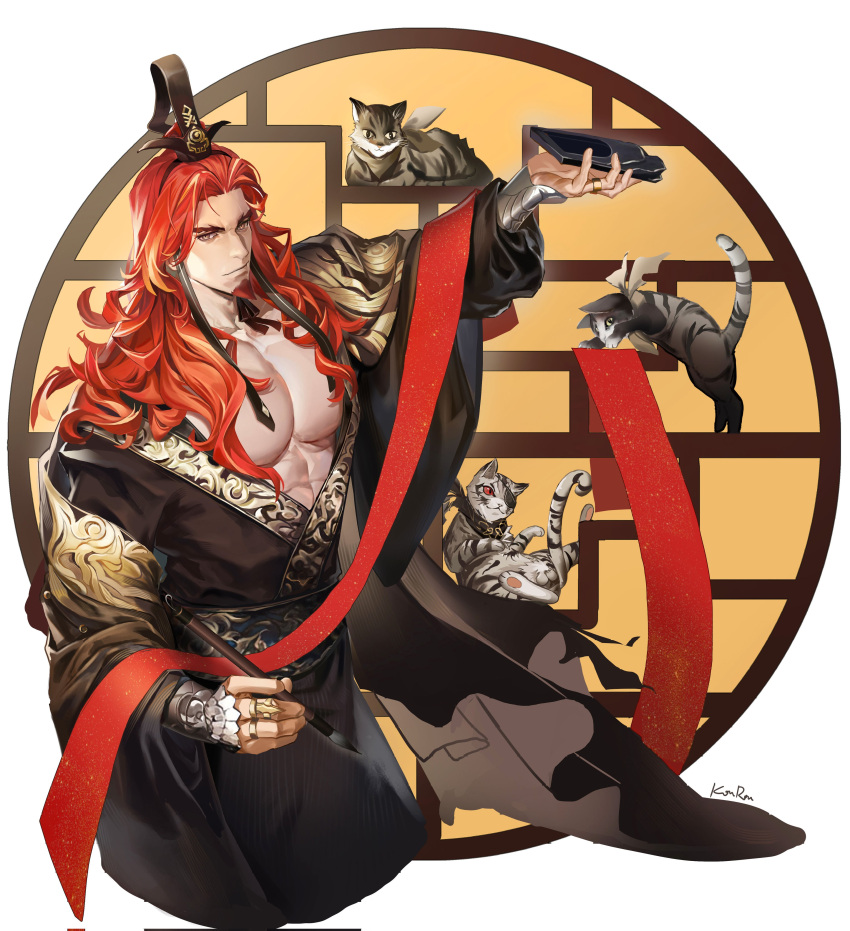 1boy abs absurdres alchemy_stars anjingkuxiao bare_pectorals calligraphy_brush cat chinese_clothes chinese_new_year english_commentary eyepatch facial_hair foot_out_of_frame goatee highres holding_calligraphy_brush looking_at_viewer male_focus paintbrush pectorals red_eyes red_hair red_ribbon ribbon white_background yellow_eyes zhong_xu_(alchemy_stars)