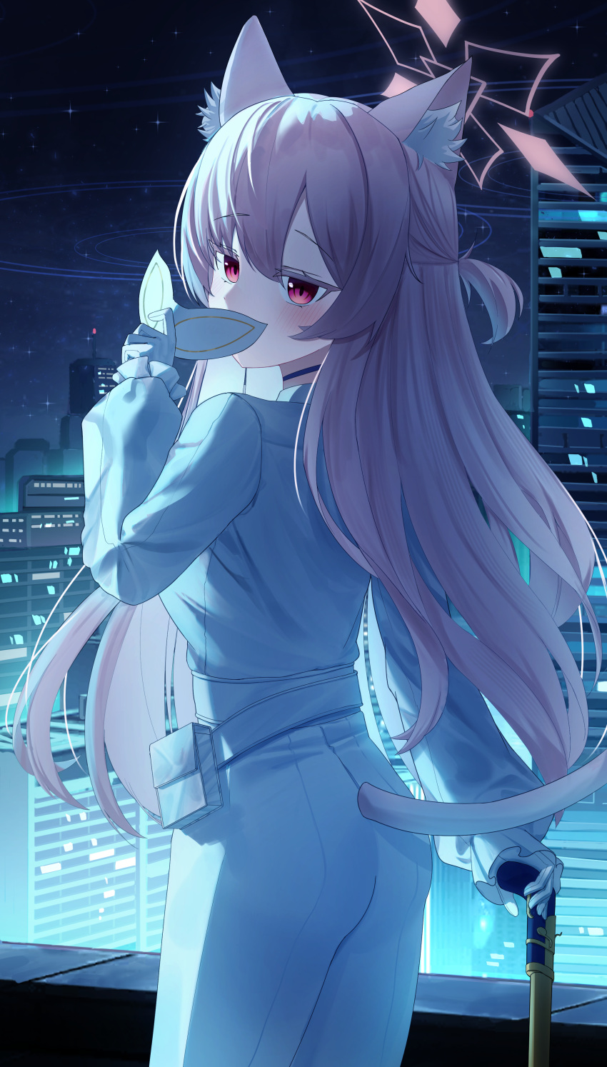 1girl absurdres akira_(blue_archive) animal_ear_fluff animal_ears ass belt blue_archive blush cat_ears cat_girl cat_tail city city_lights covering_mouth half_updo highres holding holding_mask holding_staff holding_stick long_sleeves looking_at_viewer looking_back mask my0li night night_sky outdoors pants parted_bangs puffy_long_sleeves puffy_sleeves red_eyes shirt sky solo staff stick tail white_belt white_hair white_pants white_shirt