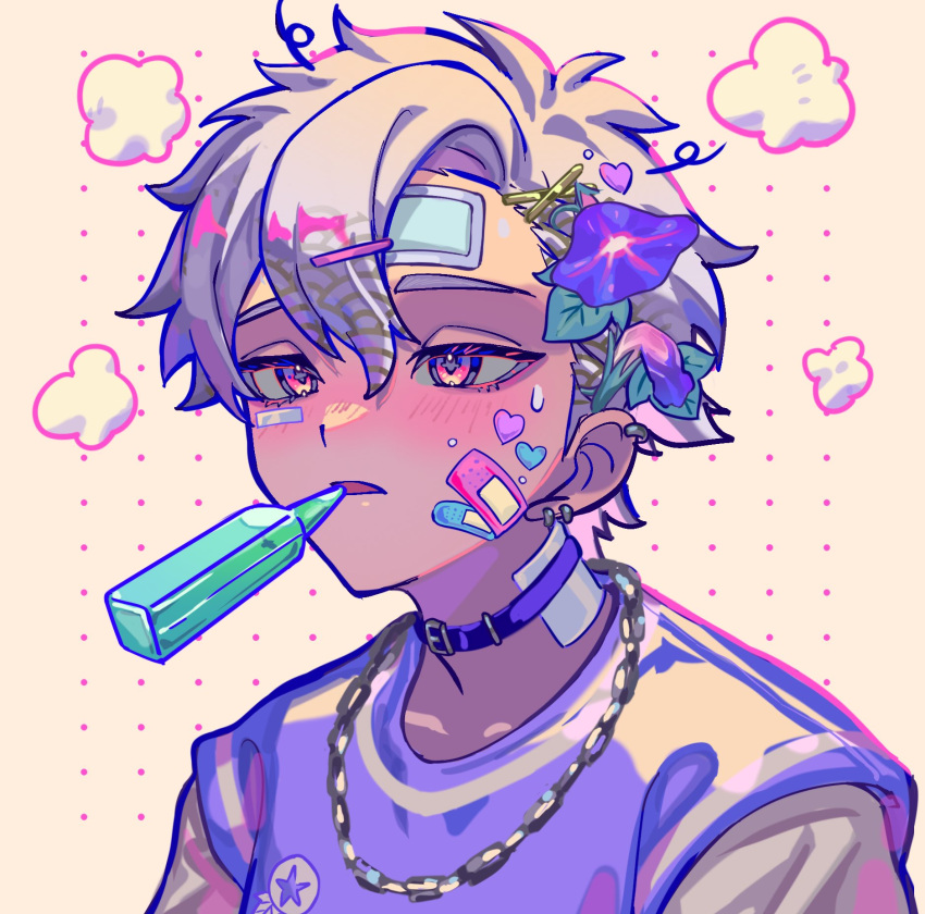 1boy bandaged_head bandaged_neck bandages bandaid bandaid_on_head blush bottle collar commentary_request earrings flower flower_request food_in_mouth gradient_eyes hair_flower hair_ornament haru4aki highres jewelry long_sleeves male_focus multicolored_eyes multiple_earrings necklace original parted_lips pink_eyes portrait purple_eyes purple_flower purple_shirt shirt sick simple_background solo sweat upper_body visible_air yellow_background