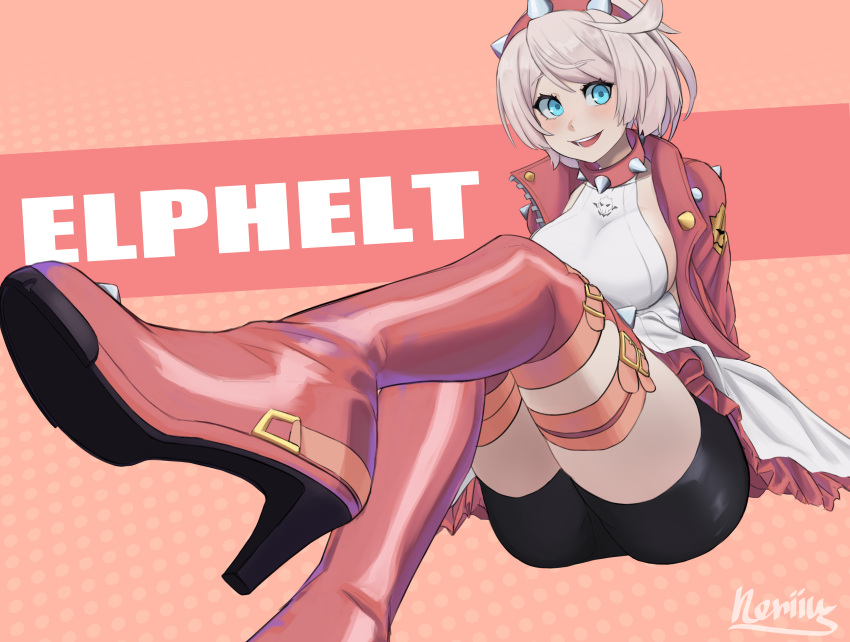 1girl :d absurdres ahoge artist_name bike_shorts black_shorts blue_eyes blush boots breasts character_name collar commentary dress elphelt_valentine guilty_gear guilty_gear_strive hairband high_heel_boots high_heels highres huge_ahoge jacket large_breasts legs long_sleeves looking_at_viewer open_mouth orange_background pink_collar pink_footwear pink_hairband pink_jacket rysania shoe_soles short_hair shorts simple_background sitting skindentation sleeveless sleeveless_dress smile solo spiked_collar spiked_hairband spikes teeth thigh_boots thigh_strap variant_set white_dress white_hair zipper