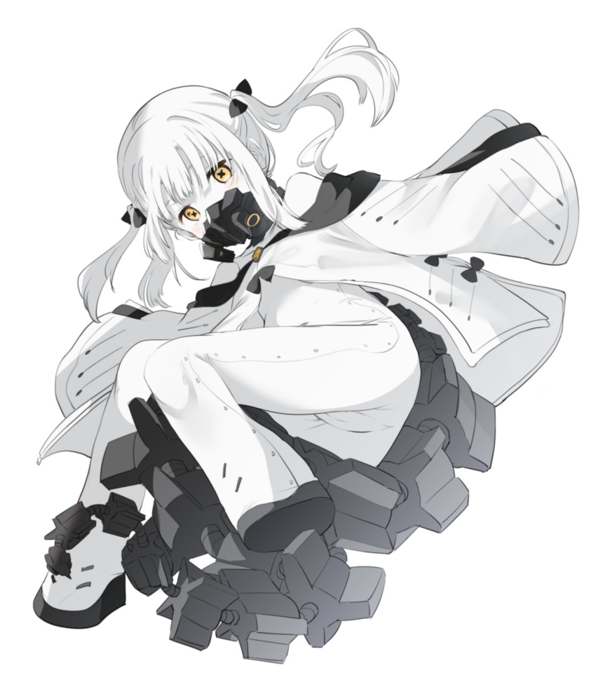 1girl absurdres ass black_ribbon blue_archive coat colored_skin commentary cross-shaped_pupils crotch ein_(blue_archive) hair_ribbon highres inui/byte legs long_hair long_sleeves looking_at_viewer mechanical_tail midair open_clothes open_coat respirator ribbon sidelocks sleeves_past_fingers sleeves_past_wrists solo stomach symbol-only_commentary symbol-shaped_pupils tail thighs twintails white_background white_coat white_hair white_skin yellow_eyes