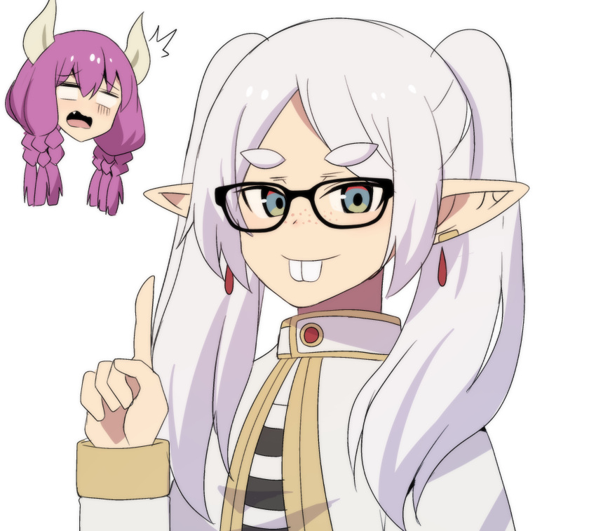 2girls ^^^ absurdres ackchyually_(meme) aura_(sousou_no_frieren) bespectacled black-framed_eyewear buck_teeth capelet commentary dangle_earrings earrings elf english_commentary frieren glasses gold_trim green_eyes highres hinghoi jewelry long_hair looking_at_viewer meme multiple_girls nerd_emoji parted_bangs pointing pointing_up pointy_ears simple_background smile sousou_no_frieren surprised teeth twintails white_background white_capelet white_hair
