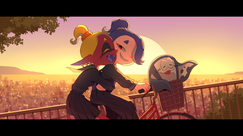 1boy 2girls :3 :d bicycle bicycle_basket big_man_(splatoon) black_sailor_collar black_serafuku black_shirt black_skirt blonde_hair blue_hair blue_skin blue_tongue city cityscape colored_eyelashes colored_skin colored_tongue dark-skinned_female dark_skin earrings fangs frye_(splatoon) gradient_skin gradient_sky grin hair_over_one_eye highres hug hug_from_behind jewelry letterboxed long_pointy_ears long_skirt long_sleeves manta_ray multicolored_skin multicolored_sky multiple_earrings multiple_girls necktie open_mouth outdoors pleated_skirt pointy_ears purple_necktie purple_sky railing red_eyes red_skin riding riding_bicycle sailor_collar school_uniform serafuku shirt shiver_(splatoon) short_eyebrows short_hair short_ponytail sideways_mouth skirt sky smile splatoon_(series) splatoon_3 suction_cups sun sunset tentacle_hair teo_(teorekka) tooth_earrings twilight two-tone_skin yellow_sky