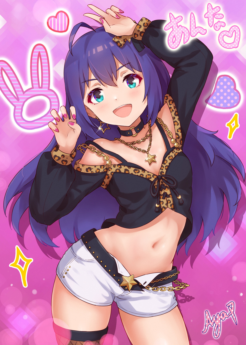 1girl absurdres ahoge animal_print aqua_eyes black_choker black_shirt black_thighhighs breasts check_commentary choker commentary_request cowboy_shot earrings hair_between_eyes hands_up heart highres idolmaster idolmaster_million_live! idolmaster_million_live!_theater_days jewelry koaya leopard_print long_hair long_sleeves looking_at_viewer midriff mochizuki_anna nail_polish navel necklace o-ring o-ring_choker open_mouth pink_background pink_nails purple_hair shirt short_shorts shorts sidelocks single_thighhigh small_breasts smile solo sparkle star_(symbol) star_earrings star_necklace teeth thighhighs thighs upper_teeth_only v white_shorts