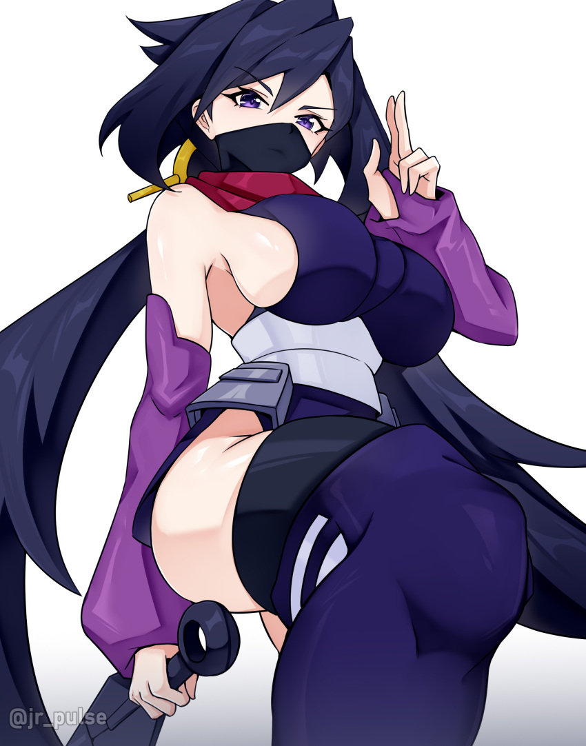 1girl absurdres ayame_(gundam_build_divers) black_hair black_mask black_thighhighs boots breasts covered_mouth dagger elbow_gloves english_commentary fingerless_gloves gloves gundam gundam_build_divers hair_ornament highres holding holding_dagger holding_knife holding_weapon japanese_clothes jrpulse kimono knife kunai large_breasts long_hair looking_at_viewer mask mouth_mask ninja ninja_mask purple_eyes red_scarf scarf short_kimono sideboob solo split_ponytail thigh_boots thighhighs twitter_username very_long_hair weapon