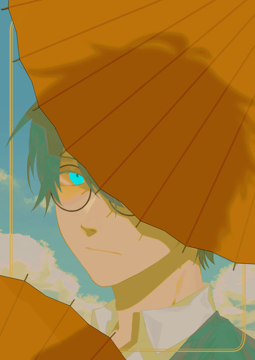 1boy absurdres blue_background blue_eyes closed_mouth cloud collared_shirt day glasses haori highres japanese_clothes koshotengai_no_hashihime looking_at_viewer male_focus oil-paper_umbrella one_eye_covered round_eyewear shirt shrount simple_background solo tamamori_(koshotengai_no_hashihime) umbrella white_shirt