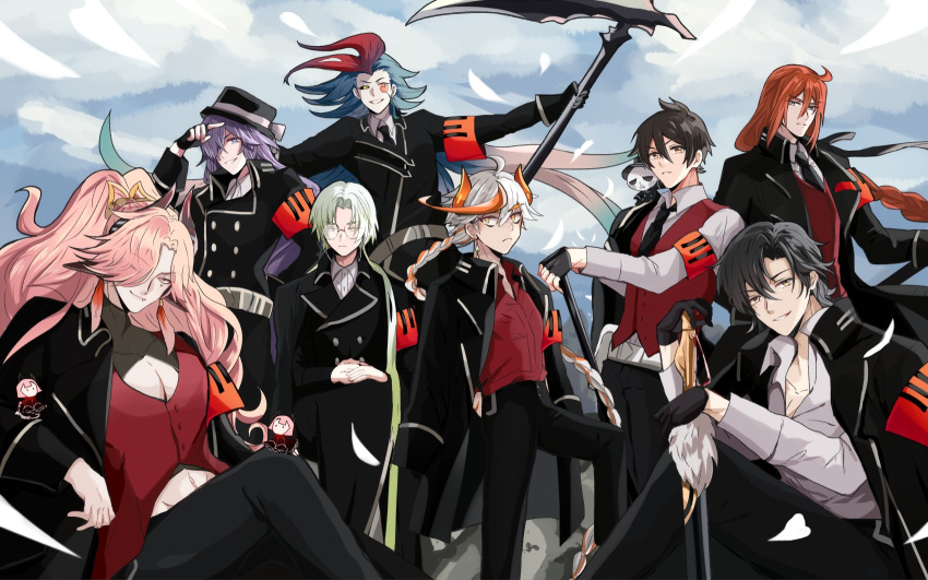 6+boys :&lt; :| ;) ahoge alternate_costume animal_ears armband belt black_coat black_gloves black_hair black_headwear black_jacket black_necktie black_pants black_ribbon black_sclera blue_hair bow braid buttons cabbage_blossom_(the_tale_of_food) chili_oil_chicken_(the_tale_of_food) closed_mouth cloud coat coat_on_shoulders collared_coat collared_shirt colored_sclera cow_ears cow_horns cowlick curtained_hair day double-breasted earrings expressionless falling_petals fang feather_earrings feathers feet_out_of_frame fingerless_gloves flipped_hair glasses gloves gradient_hair green_eyes green_hair grey_belt grin group_picture h_haluhalu415 hair_between_eyes hair_over_one_eye hair_over_shoulder hair_ribbon hair_slicked_back hand_on_hilt hand_up hands_in_pockets hat hat_bow highres holding holding_scythe holding_stick holding_sword holding_weapon horns jacket jacket_on_shoulders jacket_over_shoulder jewelry kung_pao_chicken_(the_tale_of_food) long_hair long_sleeves looking_at_viewer low-braided_long_hair low-tied_long_hair male_focus mapo_tofu_(the_tale_of_food) midriff monocle multicolored_eyes multicolored_hair multiple_boys necktie no_shirt one_eye_closed open_clothes open_coat open_collar orange_hair outstretched_arms own_hands_together pants parted_bangs parted_lips pectoral_cleavage pectorals petals pink_eyes pink_hair planted planted_sword porkpie_hat purple_eyes purple_hair red_hair red_shirt red_vest ribbon rock round_eyewear scythe serious shirt short_hair shredded_jerky_(the_tale_of_food) shrug_(clothing) sichuan_hotpot_(the_tale_of_food) single_braid single_earring sitting sleeve_cuffs smile standing stepping stick streaked_hair sword the_tale_of_food two-tone_hair uniform unworn_jacket very_long_hair vest weapon white_belt white_bow white_hair white_shirt wide_ponytail yellow_eyes yuxiang_pork_(the_tale_of_food)