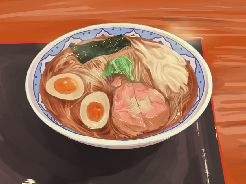 bowl egg_(food) food food_focus fried_egg no_humans noodles nori_(seaweed) original ramen still_life table tennuru