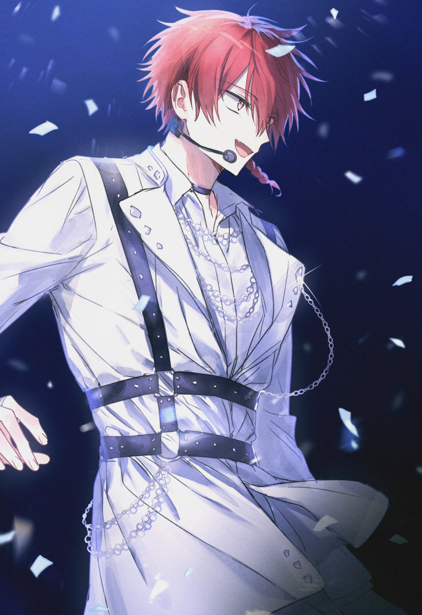 1boy alternate_costume belt black_background black_belt blue_background braid chain chest_harness facing_to_the_side fujo0t4ku harness headset highres idol idol_clothes jacket long_sleeves looking_ahead maeno_aki male_focus multicolored_background red_eyes red_hair short_hair solo white_jacket zeno_(game)