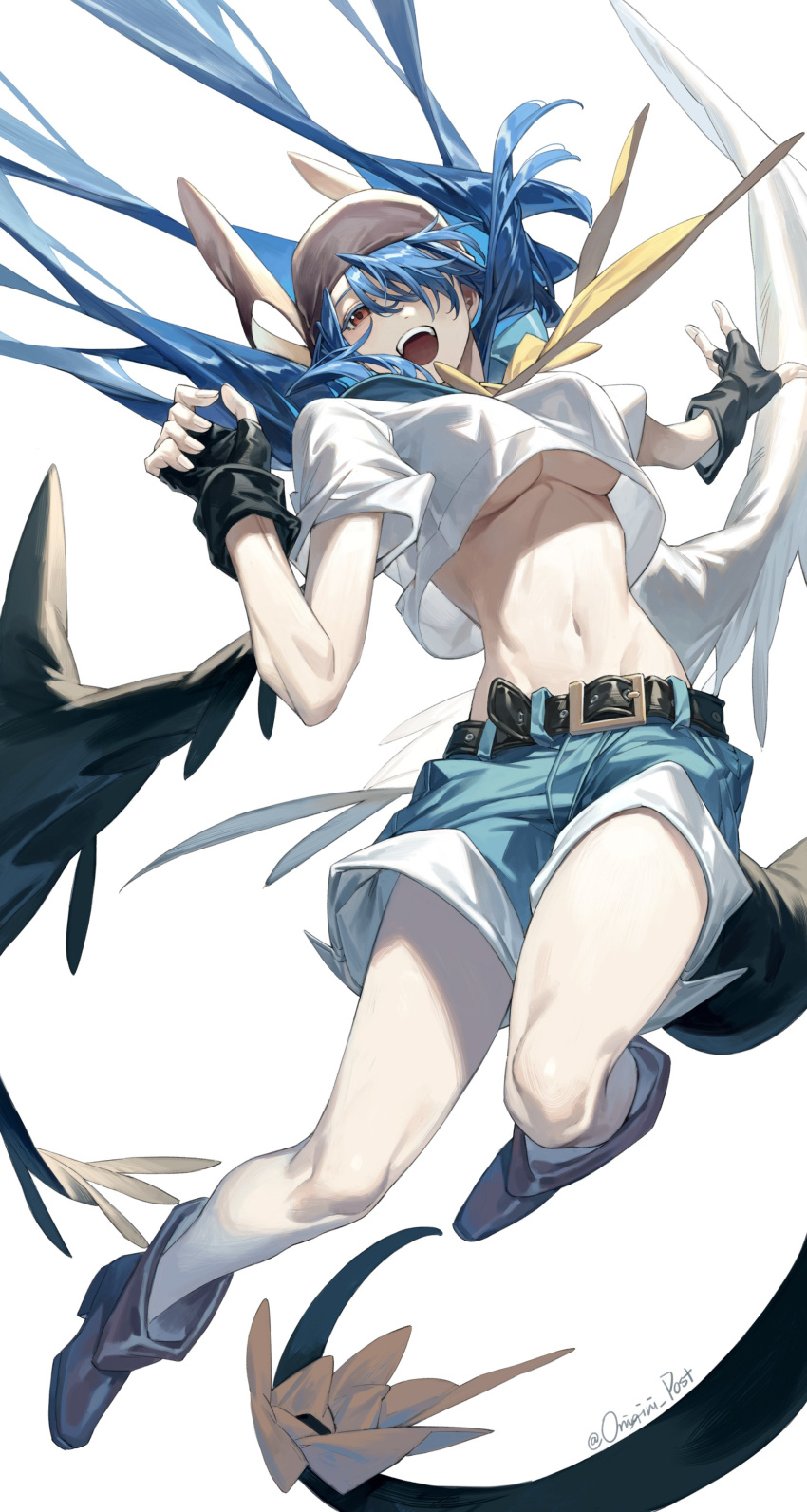 1girl absurdres angel_wings asymmetrical_wings bare_legs belt black_gloves blue_hair boots breasts brown_footwear brown_headwear crop_top denim denim_shorts dizzy_(guilty_gear) fingerless_gloves gloves groin guilty_gear guilty_gear_xx hair_between_eyes hair_over_one_eye hat highres large_breasts long_hair midriff monster_girl onigiri_post_0 open_mouth red_eyes ribbon sailor_collar shaded_face short_shorts shorts simple_background solo tail tail_ornament tail_ribbon twintails twitter_username underboob white_background wings yellow_ribbon