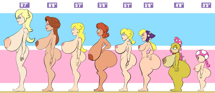 absurd_res anthro big_breasts big_butt blonde_hair blue_eyes bottom_heavy breasts brown_hair bubble_butt bust_chart butt chart dark_nipples female female/female group hair height_chart hi_res huge_breasts huge_butt koopa koopaling lipstick makeup mario_bros nintendo nipples nude nude_female orange_hair pauline peachette princess_daisy princess_peach rosalina_(mario) rougethedaisy sagging_breasts scalie short_stack side_boob side_view size_difference solo solo_focus super_mario_galaxy tall_female tall_girl taller_female thick_thighs toadette top_heavy wapeach wendy_o._koopa wide_hips