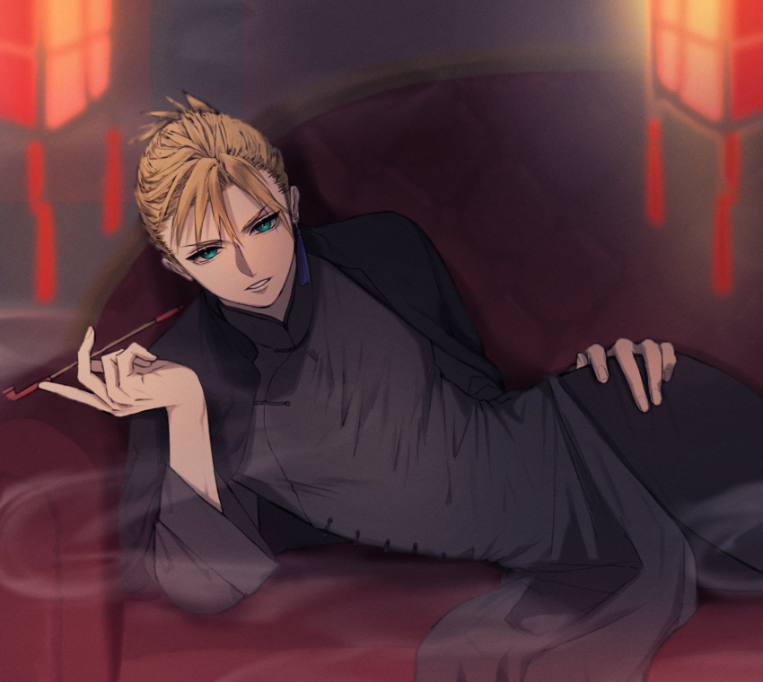 1boy ah_yoshimizu alternate_costume alternate_universe black_pants black_robe blonde_hair blue_eyes chinese_clothes cloud_strife commentary couch elbow_rest final_fantasy final_fantasy_vii hair_bun hand_on_own_hip hand_up highres holding holding_smoking_pipe indoors lantern long_sleeves looking_at_viewer lying male_focus night on_couch on_side opium_pipe pants paper_lantern parted_lips robe serious short_hair smoke smoking_pipe solo upper_body wide_sleeves