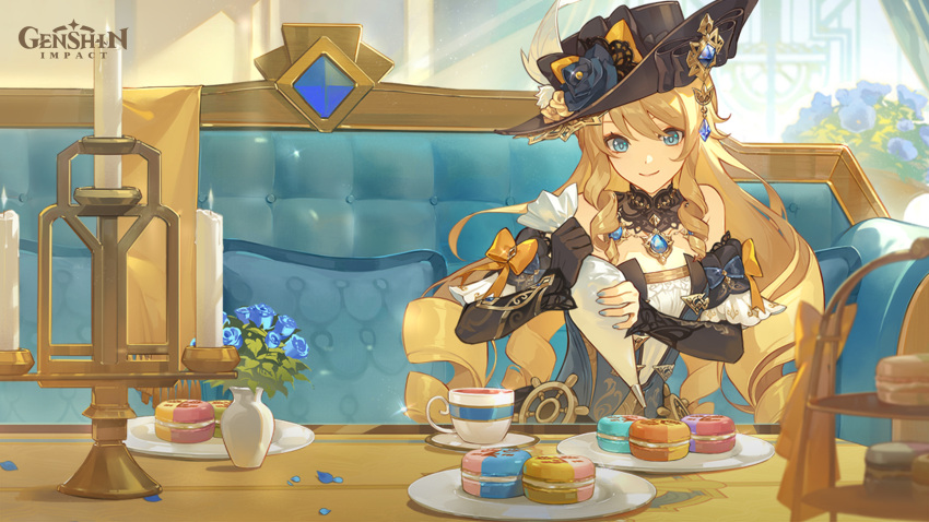 bad_source bare_shoulders blue_eyes blue_flower cake candle closed_mouth cooking cup day drill_hair flower food genshin_impact hat hat_flower highres indoors jewelry logo long_hair mug navia_(genshin_impact) official_art official_wallpaper plate sitting smile solo wheel