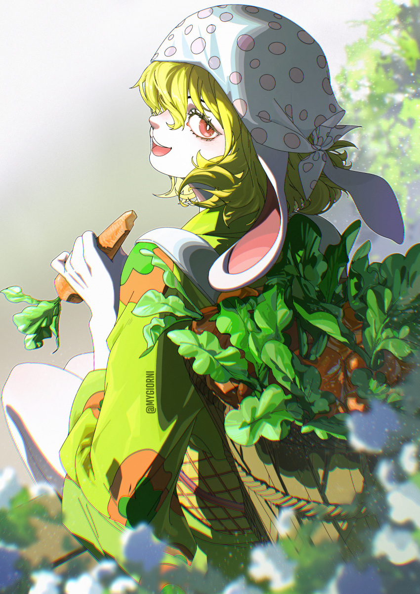 1girl absurdres animal_ears artist_name blonde_hair carrot carrot_(one_piece) commentary food head_scarf highres holding holding_carrot holding_food holding_vegetable looking_at_viewer mygiorni one_piece open_mouth rabbit_ears rabbit_girl short_hair smile solo teeth vegetable