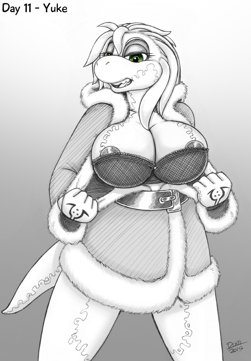 2015 anthro big_breasts bra breasts christmas christmas_clothing cleavage clothed clothing drxii female green_eyes hand_tattoo hi_res holidays nushi part_of_set scalie solo tattoo traditional_media_(artwork) underwear undressing yuke_(drxii)