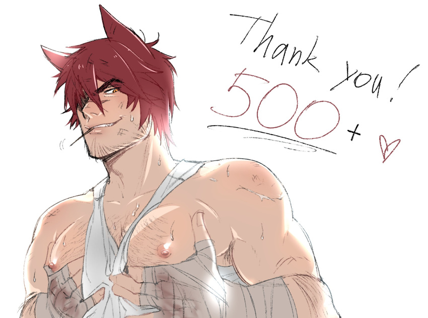 1boy alternate_facial_hair bara bare_pectorals highres large_pectorals league_of_legends looking_at_viewer male_focus muscular muscular_male nipples pectoral_lift pectorals presenting_pectorals red_hair seductive_smile sett_(league_of_legends) short_hair smile solo sparse_chest_hair sparse_stubble tank_top taous_dark thick_eyebrows upper_body white_tank_top